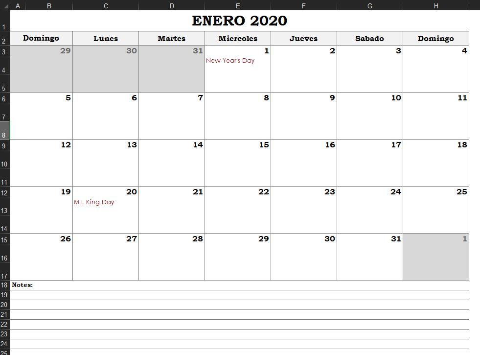 calendario excel 2020 gratis