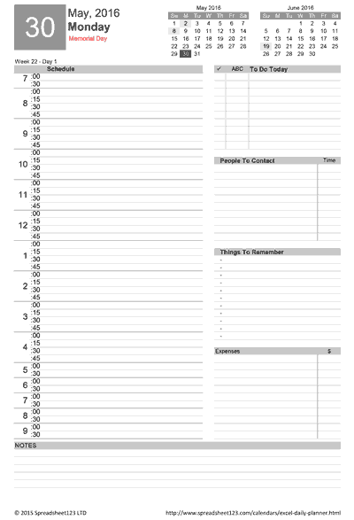 excel daily planner med